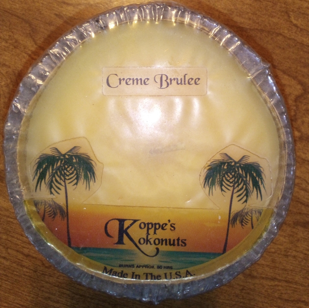 Koppe's Kokonuts Creme Brulee Scent 80 Hour Half Shell Candle Sealed